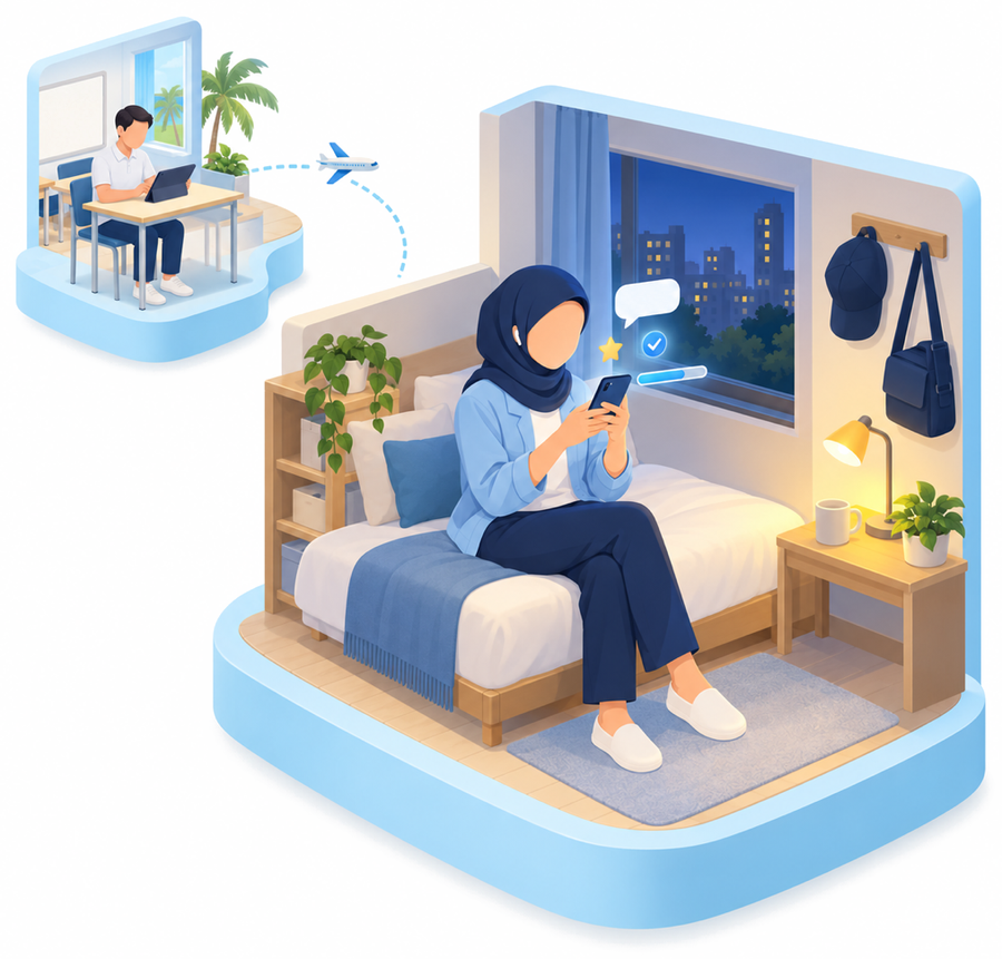 仕事を終えて寮の部屋に戻った受講生が、ベッドに腰かけて自分のスマートフォンで日本語を学んでいる絵。壁には作業帽とかばん、窓の外は夜の街。左上の小さな絵は、バリの学校でタブレットを使って学ぶ様子で、点線と飛行機でつながっている