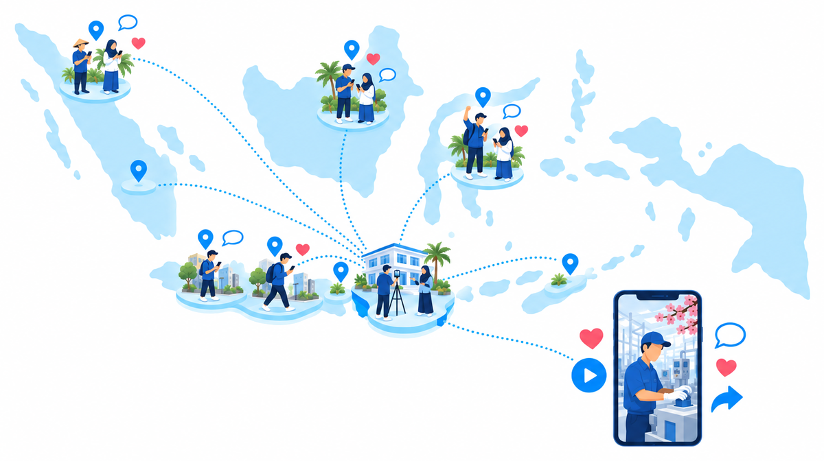 募集の絵:インドネシアの地図。バリ島の LPK LINK の校舎の前でスタッフがスマホで動画を撮って発信し、そこから点線が北スマトラ・南スマトラ・ジャワ・カリマンタン・スラウェシ・ヌサトゥンガラへ広がる。各地の若者がスマホで見て手を挙げ、リュックの若者はバリへ歩き出している。右下の海には日本の工場で働く先輩の動画を映した大きなスマホと、ハートやコメントの印