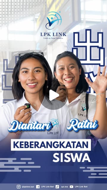Instagram の投稿:出発の日のリール。バリの空港で笑顔の候補者2人(KEBERANGKATAN SISWA)